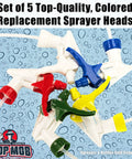 Skip The Flimsy Jugs And Load Up On These Chemical Resistant Spray Bottles 32 Oz Five Pack Heavy Duty Industrial Trigger Sprayer For Auto Detailing And Professional Cleaning. Colorful replacement sprayer heads set on a blue background.