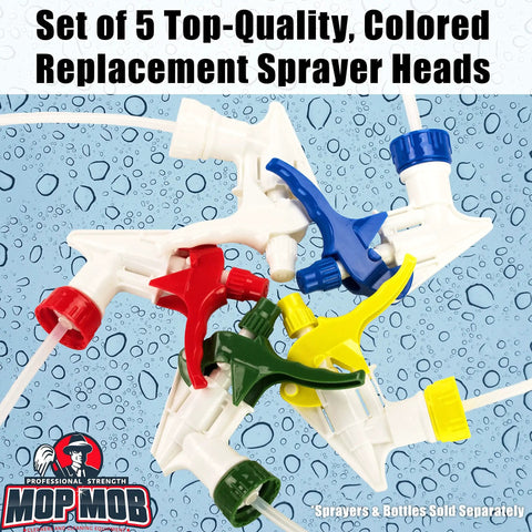 Skip The Flimsy Jugs And Load Up On These Chemical Resistant Spray Bottles 32 Oz Five Pack Heavy Duty Industrial Trigger Sprayer For Auto Detailing And Professional Cleaning. Colorful replacement sprayer heads set on a blue background.