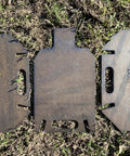 Disassembled Beefy Three Eighths Inch Hardened Steel Shooting Target 7x12 IDPA Size With Metal Ground Stand on grass