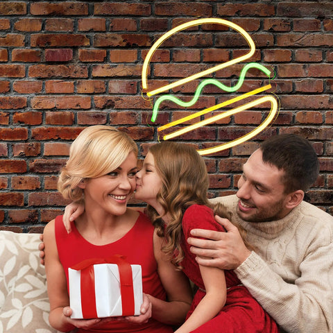 Family with gift under 12x12 inch Burger Neon Sign For Wall Decor 12x12 Inch LED Neon Light Hangable For Restaurant Bar Pub Handmade Advertising Neon For Food Shop Cafe Kitchen Home Accent Bright Yet Gentle Glow Ambient.