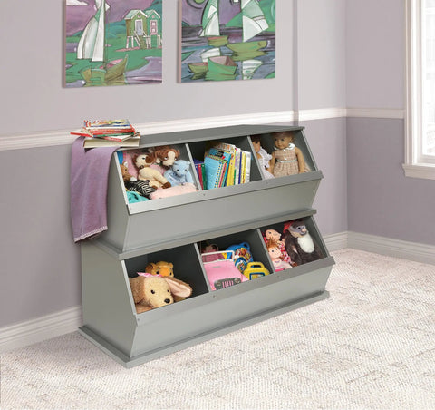 Stackable 3 Bin Storage Cubby For Toys And Crafts, Wide Mouth Bins, No Fuss Expandable Design, Solid Panel Construction, Silver Finish, in playroom