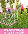Pink Pop Up Soccer Goal For Kids 4 Foot By 3 Foot Portable Backyard Net With Stakes Easy Setup for backyard practice