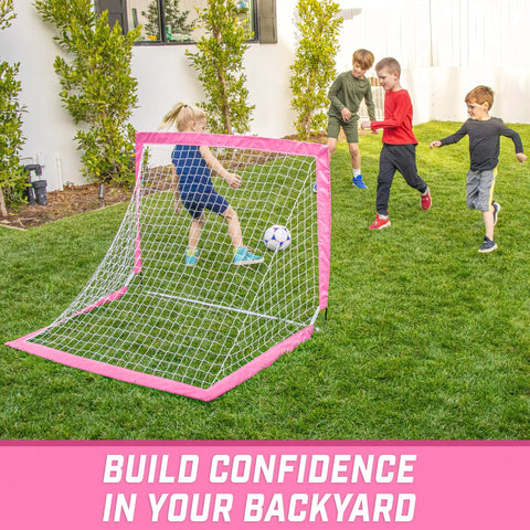 Pink Pop Up Soccer Goal For Kids 4 Foot By 3 Foot Portable Backyard Net With Stakes Easy Setup for backyard practice