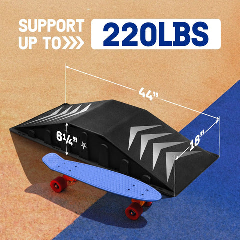 Single-Piece Skateboard Ramp For Beginners, 44 Inches Long, 220 Pounds Capacity, Durable Non-Slip Textured Surface, Skateboard And Bike Ramp For Safe Jumps, Tricks, And Learn-To-Ride with dimensions marked next to a blue skateboard.