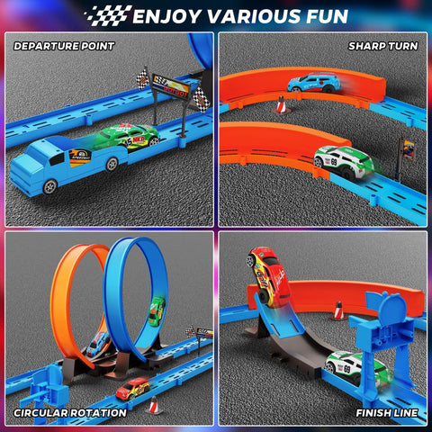 Dope Slot Car Race Track Set With 360 Degree Loops And Four High Speed Cars 64 Piece Large Flexible Raceway For Kids Ages 3 To 12