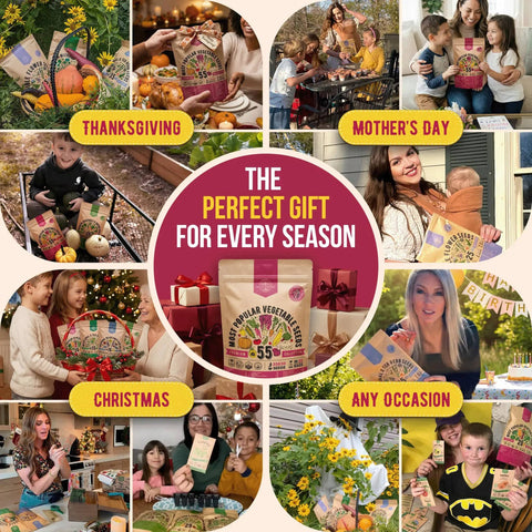 Collage of people gifting 55 Vegetable Seeds Variety Pack Non GMO Heirloom Seeds For Your Home Garden Indoors And Outdoors Hydroponic Ready 35,600 Plus Seeds In Individual Packets Great Starter Kit For Veggie Growers on various occasions