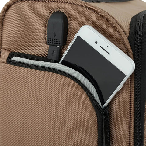Underseat 17 Inch Spinner Carry On Luggage With USB Charging Port For Air Travel Mocha Color showing USB port and pocket