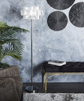 Modern Silver Metal Floor Lamp With Crystal Embellishments, Tall 62 Inch Stand, Acrylic Glass Shade in a living room setting