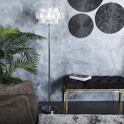 Modern Silver Metal Floor Lamp With Crystal Embellishments, Tall 62 Inch Stand, Acrylic Glass Shade in a living room setting