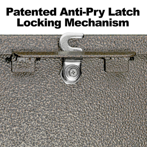 Close-up of patented anti-pry latch on Heavy Duty Steel Locking Mounted Mailbox For Office Drops And Interoffice Mail, bronze finish