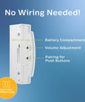 Wireless Doorbell Kit With Battery Operated Receiver And Push Button 150 Ft Range side view showing features on blue background