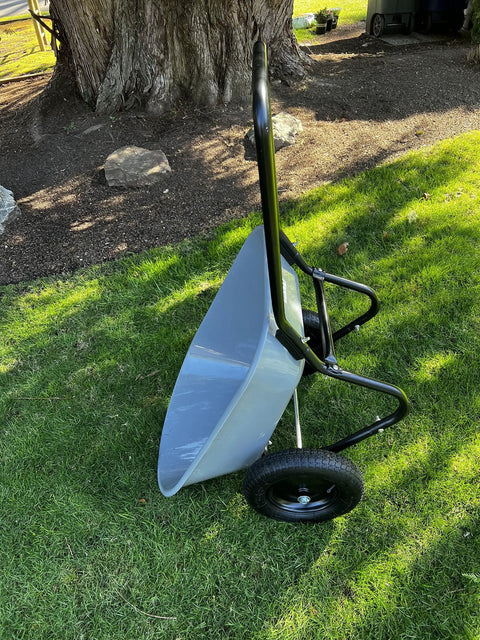 Two Wheel Poly Tray Wheelbarrow With Air Filled Tires, 5 Cubic Foot Rust Proof Tray, 300 Lb Load Capacity, Gray And Black, Side View