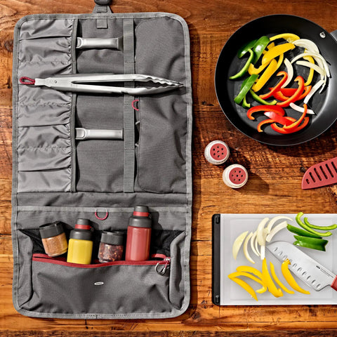 Outdoor Camp Kitchen Tool Roll Organizer For Travel And Camping, Durable Ripstop Storage Bag with utensils and spices