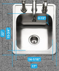 Top view of Glowtone ADA Compliant 17 Inch Stainless Steel Topmount Bar Sink With Three Hole And Strainer 22 Gauge T 304 Stainless Built Tough For Small Kitchens And Wet Bars Easy Under Cabinet Install, showing dimensions and faucet holes.