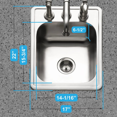 Top view of Glowtone ADA Compliant 17 Inch Stainless Steel Topmount Bar Sink With Three Hole And Strainer 22 Gauge T 304 Stainless Built Tough For Small Kitchens And Wet Bars Easy Under Cabinet Install, showing dimensions and faucet holes.