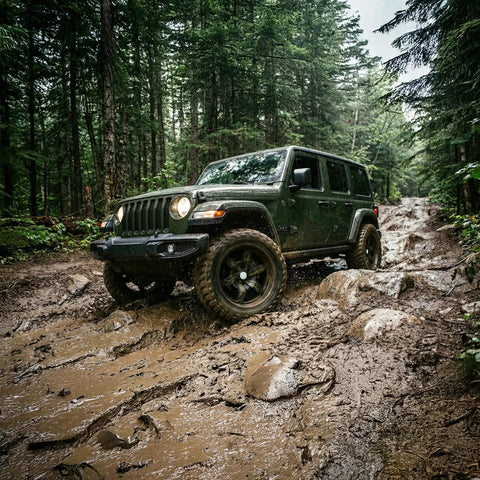 Jeep with Trail Blade MTS Mud Terrain Radial Tire For Light Trucks And Jeeps, 35X13.50R24LT navigating mud terrain
