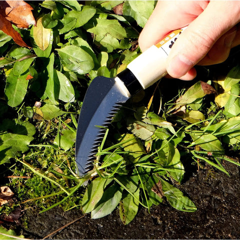 7.6 Inch Serrated Sod Cutter Hand Tool For Weeding And Harvesting in use on grass, manual lawn remover with sharp carbon steel blade