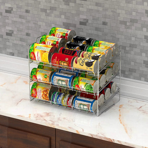 Absolute Kitchen Vibe Upgrade Slick Stackable Can Rack Organizer Holds Up To Thirty Six Cans Smooth Chrome Finish Saves Serious Cabinet Space And Keeps Your Pantry Stash Flawless And Easy To Grab Any Day Now