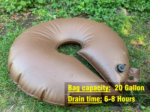 Extra Large 20 Gallon Tree Watering Ring Bag Set For Deep Root Growth Slow Release Automatic Drip Irrigation shown on grass.