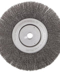 Beefy 10 Inch Narrow Face Crimped Wire Wheel With 0.0118 Inch Steel Fill And Three Quarter Inch Arbor For Straight Grinders Bench Grinders And Buffing Lathes Made In The USA, front view