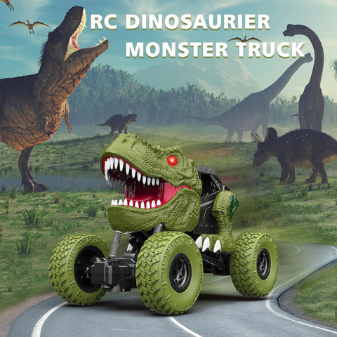 Awesome All Terrain Dinosaur RC Car For Kids With 2.4Ghz Remote Control Light Up 4WD Off Road Monster Truck on road