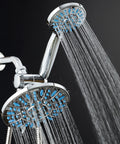 Antimicrobial Anti-Clog High-Pressure 30-Setting Rain Shower Head With Microban Nozzle Protection, dual head view, chrome finish.