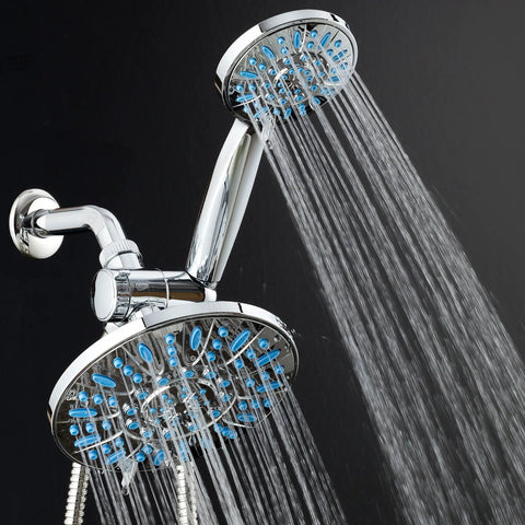 Antimicrobial Anti-Clog High-Pressure 30-Setting Rain Shower Head With Microban Nozzle Protection, dual head view, chrome finish.