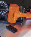 2 Pound Neon Orange Dead Blow Hammer With Unibody Molded Handle And Checkered Grip For Maximum Impact, Steel Shot Filled Head Prevents Sparks And Rebound, on metal surface