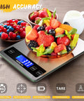 Digital Kitchen Scale 22Lb Capacity For Food Weighing Grams And Ounces 1g And 0.1oz Precise Graduation with fruit bowl on LCD surface