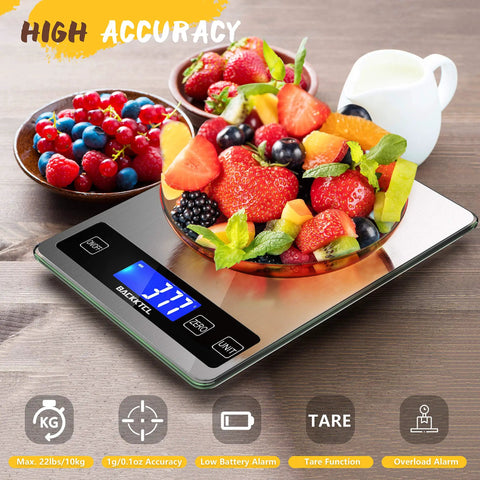 Digital Kitchen Scale 22Lb Capacity For Food Weighing Grams And Ounces 1g And 0.1oz Precise Graduation with fruit bowl on LCD surface