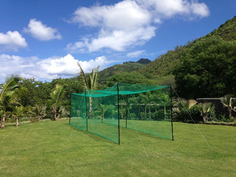 Cricket Net Cage Backyard Practice Netting 52ft Weatherproof Batting System With Poles Heavy Duty Open End Design For Full Run Up Safe Bowling And Batting Practice In Your Yard set up on grass