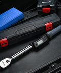 Half Inch Digital Torque Wrench With Rotating Display For Precise Fastening, 19.9 To 154.8 Lb Ft Range, Four Percent Accuracy, Beep Alerts When Target Reached, Easy Unit Conversions Between Lb Ft Nm Kg, Half Inch Drive, Made In Taiwan in case