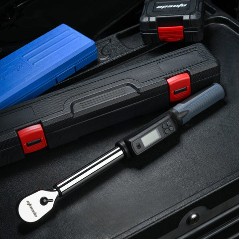 Half Inch Digital Torque Wrench With Rotating Display For Precise Fastening, 19.9 To 154.8 Lb Ft Range, Four Percent Accuracy, Beep Alerts When Target Reached, Easy Unit Conversions Between Lb Ft Nm Kg, Half Inch Drive, Made In Taiwan in case
