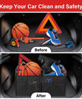 Road Trip Ready Trunk Organizer for Car and SUV, Two Compartment Collapsible 50L Storage Box before and after use, in black.