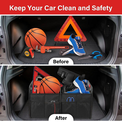 Road Trip Ready Trunk Organizer for Car and SUV, Two Compartment Collapsible 50L Storage Box before and after use, in black.