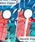 Palm Leaves Round Outdoor Tablecloth With Umbrella Hole And Zipper Elastic Edges Waterproof Fitted Table Cover close-up of zipper details