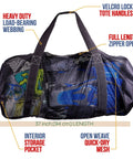 XL Mesh Dive Duffel Bag for Scuba and Snorkeling Gear with open weave mesh and heavy-duty webbing, 37x15 inch with zipper opening.