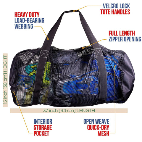 XL Mesh Dive Duffel Bag for Scuba and Snorkeling Gear with open weave mesh and heavy-duty webbing, 37x15 inch with zipper opening.