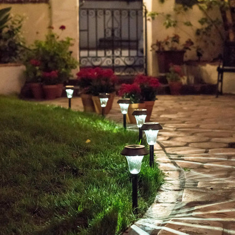 Sweet 6 Pack Silver Solar Path Lights With Glass Lens And Metal Ground Stakes, illuminating garden path at night.