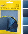 Denim Iron-On Patch Kit With 12 Patches In Three Blue Shades For Inside And Outside Glue Durable Repair For Jeans And Jackets Three Inch By Four And A Quarter Inch Easy DIY Embellishment To Patch Holes And Level Up Your Style. denim iron-on patches, 12 pieces, 3 x 4.25 in