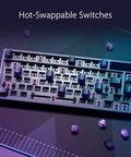 Legit Compact Wireless Mechanical Keyboard For Gaming Featuring Tri Mode Connectivity Hot Swappable Clicky Switches visible on desk with switches detached.