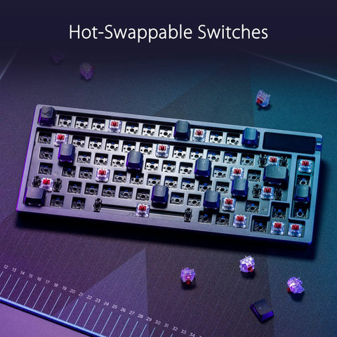 Legit Compact Wireless Mechanical Keyboard For Gaming Featuring Tri Mode Connectivity Hot Swappable Clicky Switches visible on desk with switches detached.