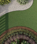 Aerial view of landscape with curved garden borders defined by 4 Inch Composite Landscape Edging Kit With 40 Foot Roll And 24 Anchoring Stakes.