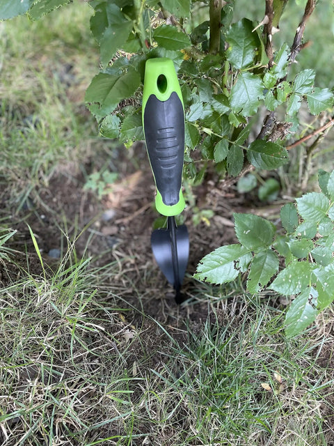 Heavy Duty Weeding Tool With Lever Design Weed Puller Deep Digging Two Pronged V Shaped Fork Ergonomic No Slip Grip Handle in use