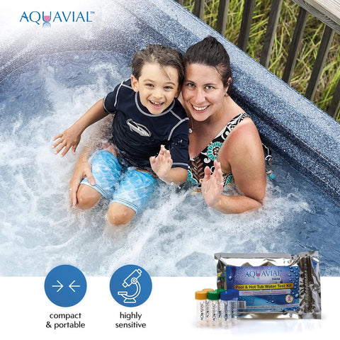 Heavy Duty Swimming Pool Water Test Kit Catches Sneaky Pseudomonas And Coliforms For Hot Tub Spa Pond shows a mother and son in a spa.
