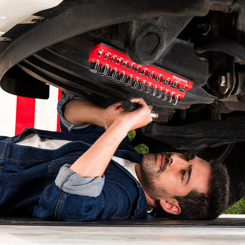 Mechanic using Magnetic Socket Organizer Set For Metric And SAE Tools under a vehicle with red socket tray, 6 Pack