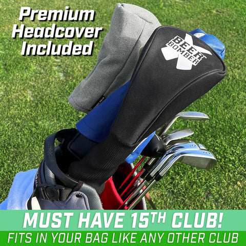 Beer Bomber Golf Club Beer Bong Party Accessory with head cover in a golf bag blending with other clubs, ideal for golfers.