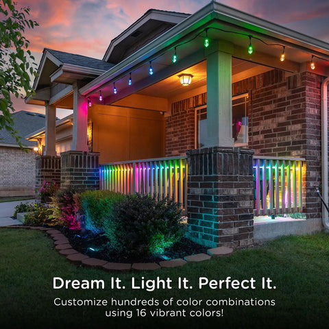 Vintage Outdoor String Lights 24ft With 12 RGB Acrylic Bulbs on porch with 16 color options glowing at dusk.