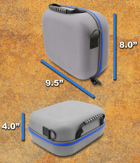 Heavy Duty CPAP Travel Case Compatible With Airmini Device And Airfit P10 Mask Setup gray shell with blue trim, dimensions 9.5x8.0x4.0 inches.