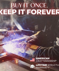 Craftsman welding heavy duty steel firewood rack in USA factory, symbolizing quality and lifetime structural warranty.